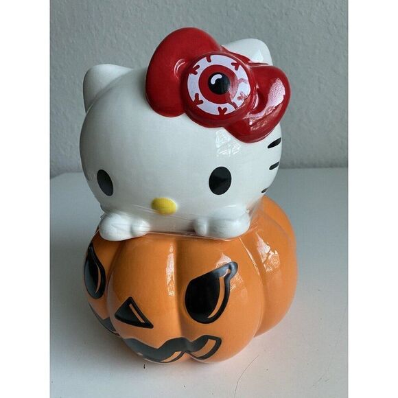 Hello Kitty Halloween Large Jack-o-Lantern Pumpkin Ceramic Cookie Jar NEW - Picture 2 of 10
